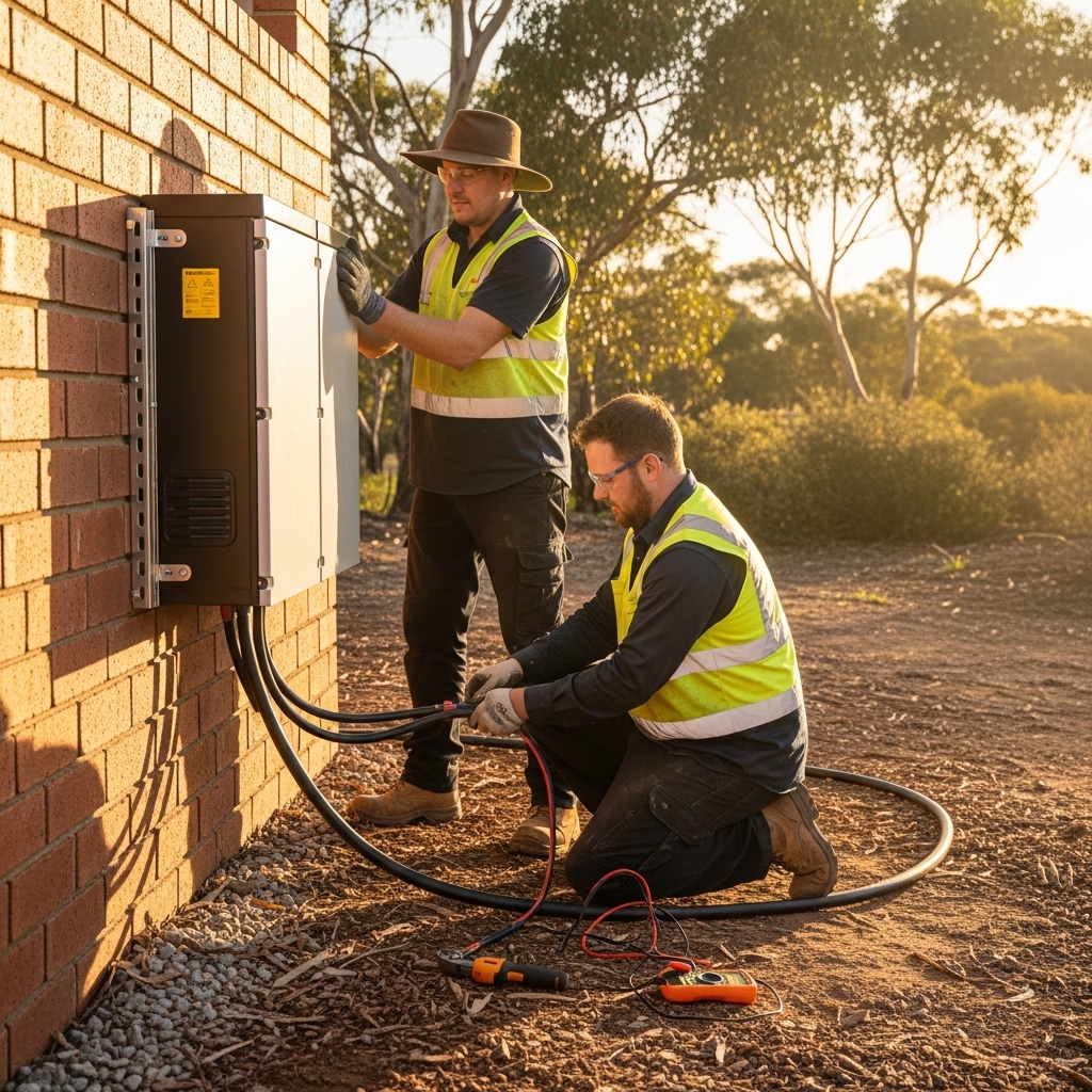 Battery storage installation team using AI receptionist to capture leads 24/7 while homeowners research backup power options after hours