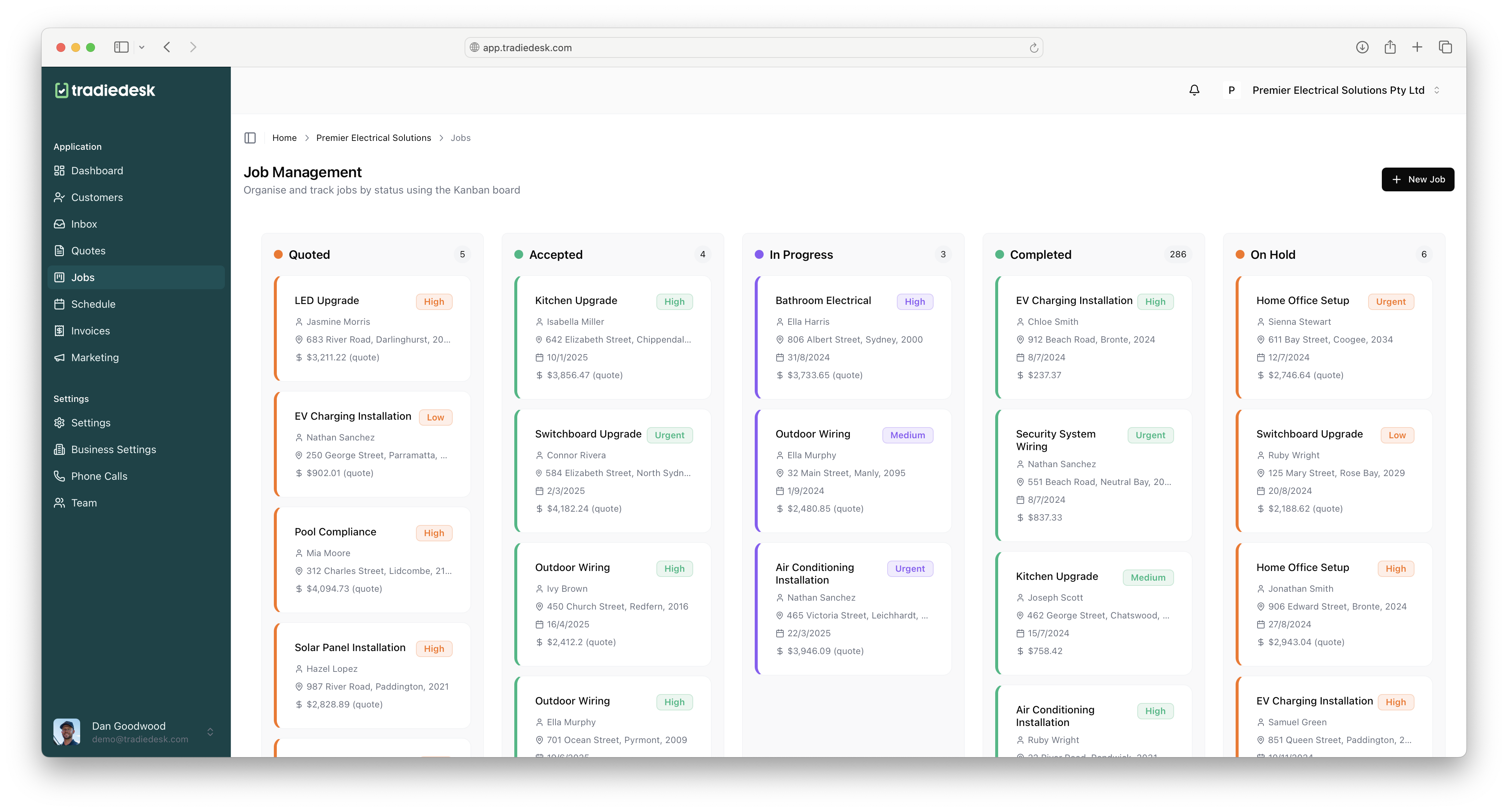 TradieDesk Job Management Dashboard